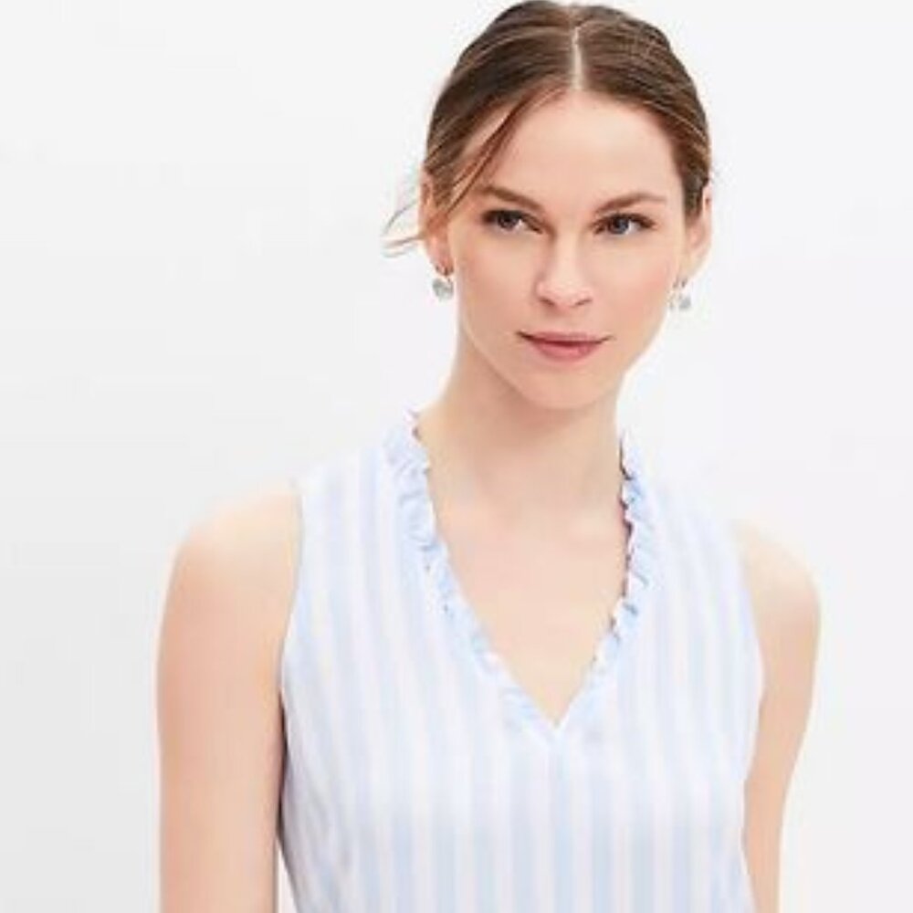NEW - Striped Ruffle V-neck Mixed Media Shell